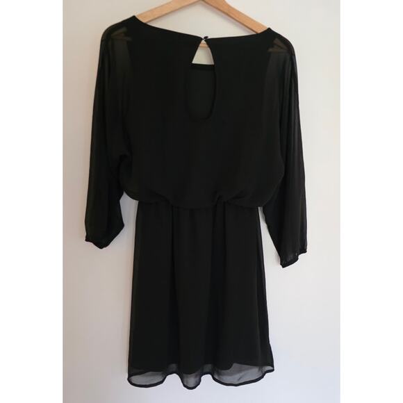 Express Black Sheer Sleeve Mini Dress Knee Size S Elastic Waist Keyhole Back - Picture 16 of 16